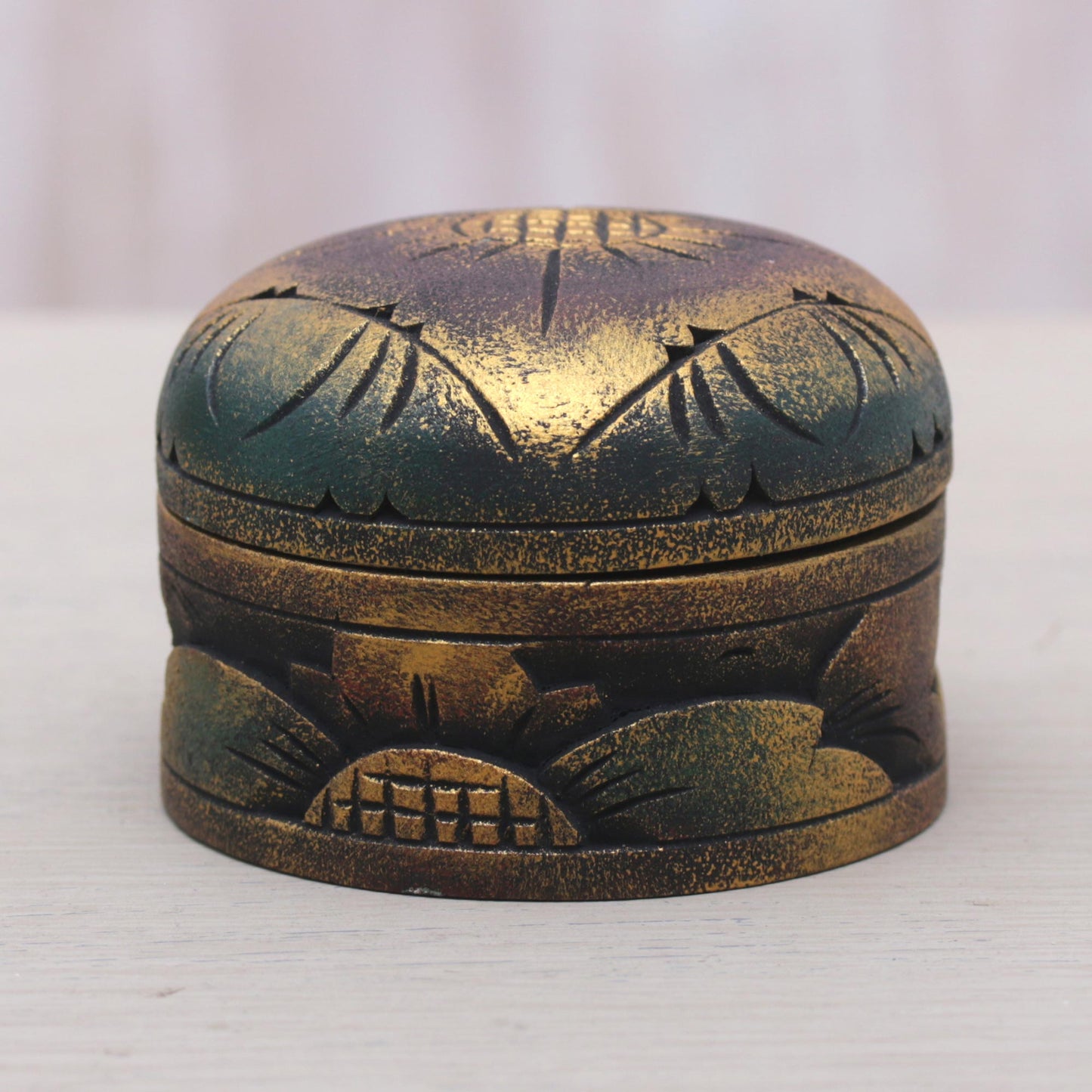 Bougainvillea Blossom Mahogany Wood Round Metallic Gold Keepsake Jewelry Box