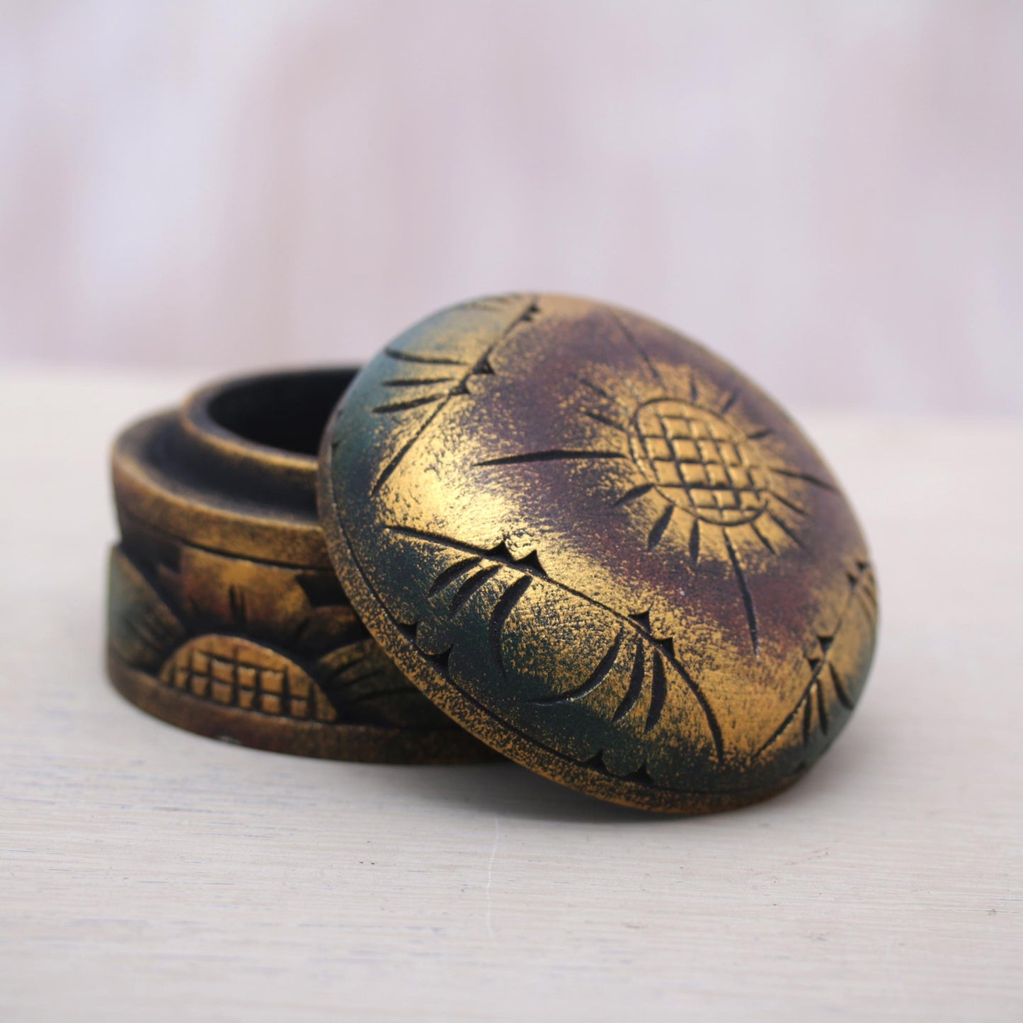 Bougainvillea Blossom Mahogany Wood Round Metallic Gold Keepsake Jewelry Box