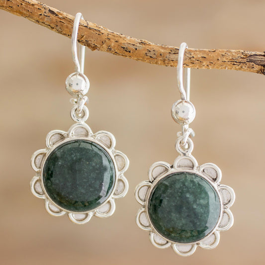 Dark Green Solar Flower Dark Green Jade Dangle Earrings from Guatemala