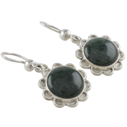 Dark Green Solar Flower Dark Green Jade Dangle Earrings from Guatemala