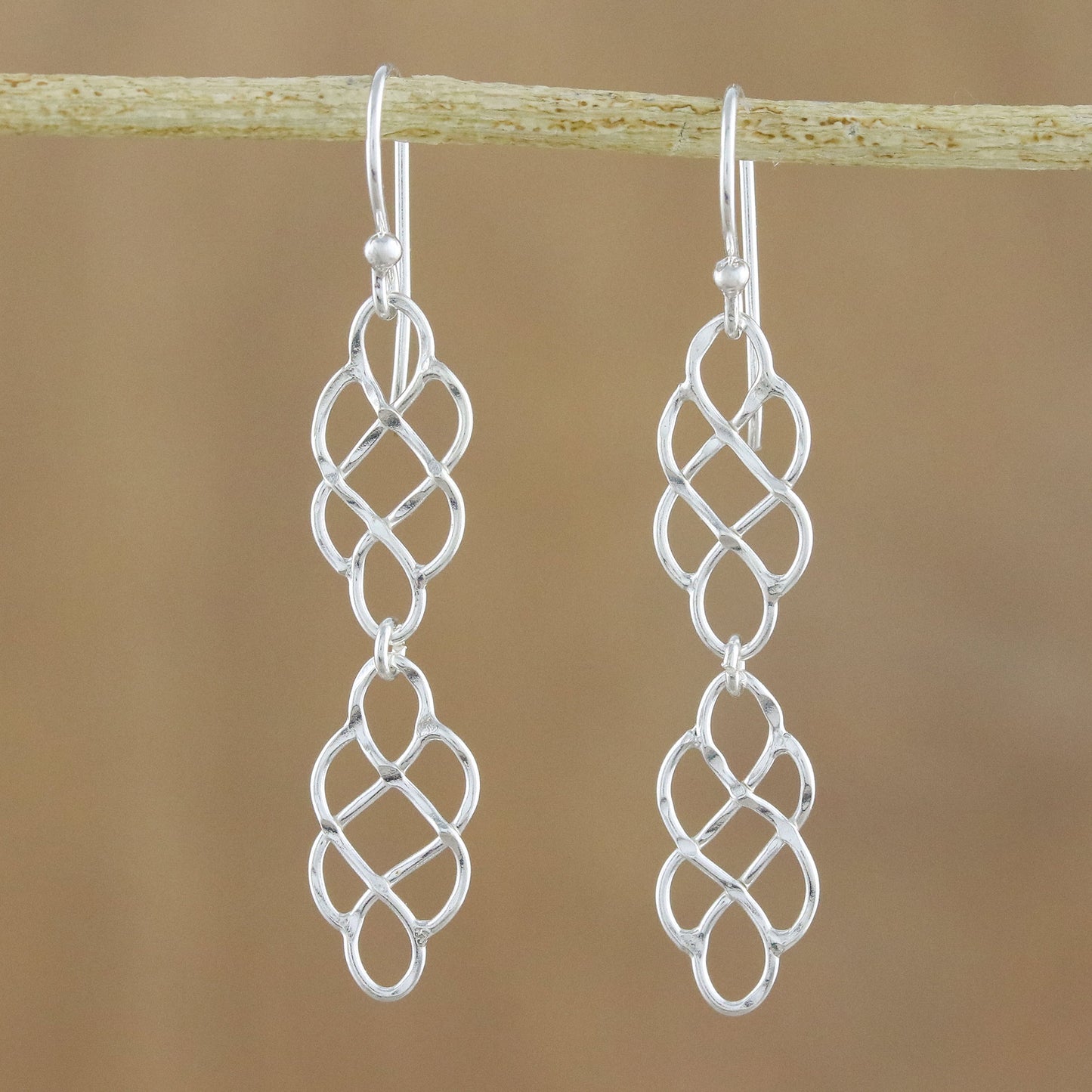 Metallic Lace 925 Sterling Silver Long Dangle Earrings with Hook Ear Wires