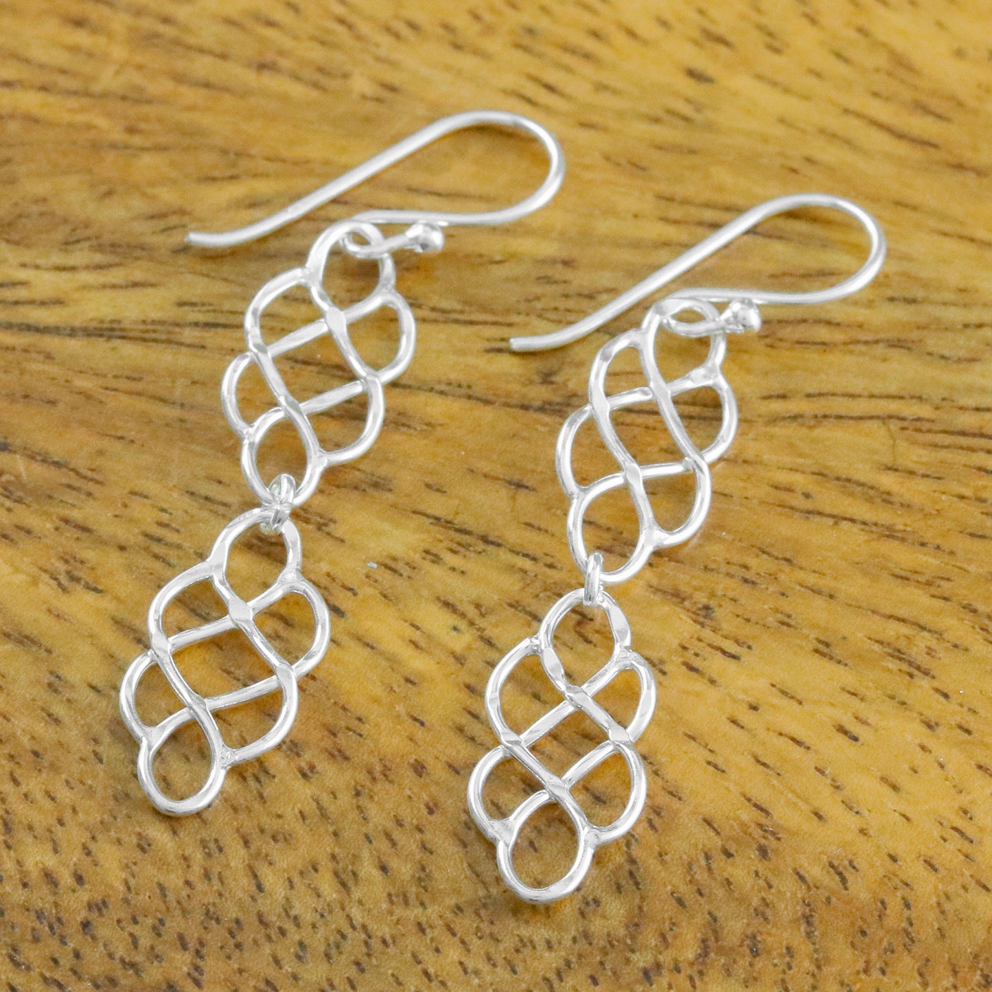 Metallic Lace 925 Sterling Silver Long Dangle Earrings with Hook Ear Wires