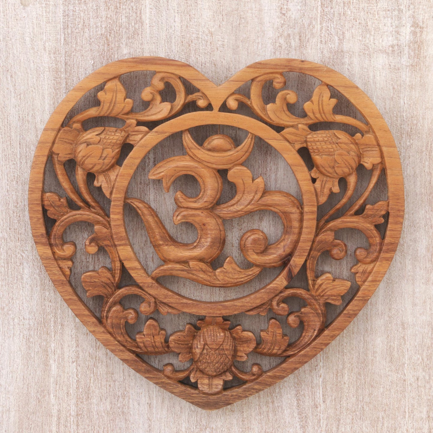 Om Love Hand Carved Balinese Om Motif Wood Wall Relief Panel