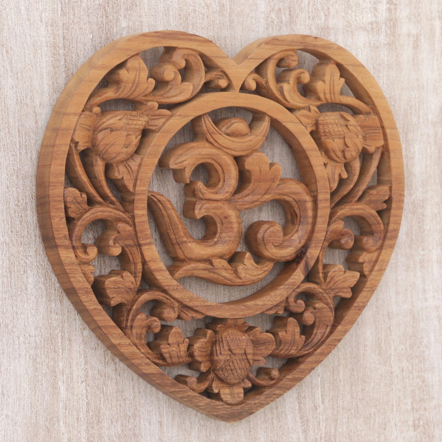 Om Love Hand Carved Balinese Om Motif Wood Wall Relief Panel