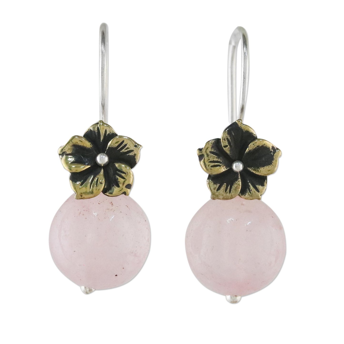 Lunar Florescence Hand Crafted Rose Quartz Dangle Earrings with Brass Flower