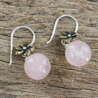 Lunar Florescence Hand Crafted Rose Quartz Dangle Earrings with Brass Flower