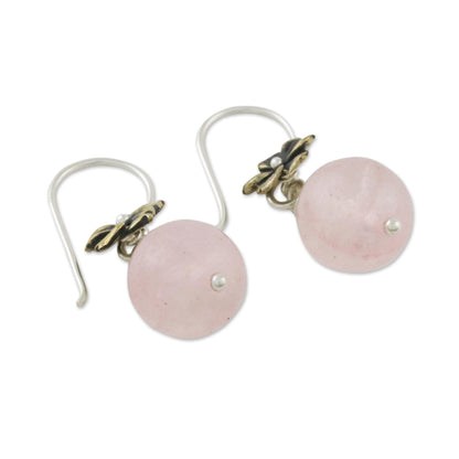 Lunar Florescence Hand Crafted Rose Quartz Dangle Earrings with Brass Flower