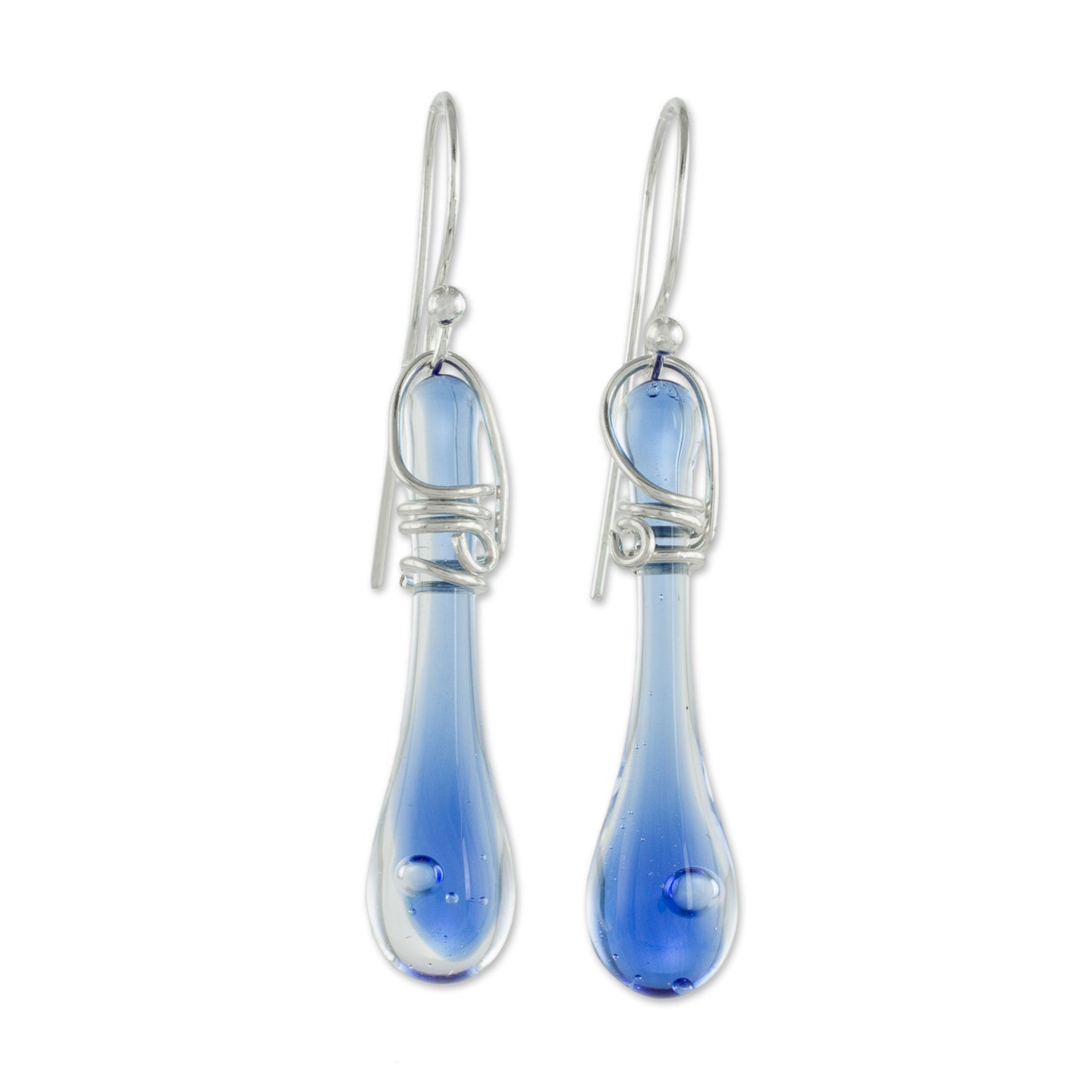 Bubbling Spring Glass Dangle Earrings in Blue from Costa Rica (1.8 inch)