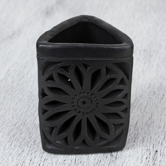 Oaxacan Dusk Oaxaca Barro Negro Triangular Floral Ceramic Pencil Holder