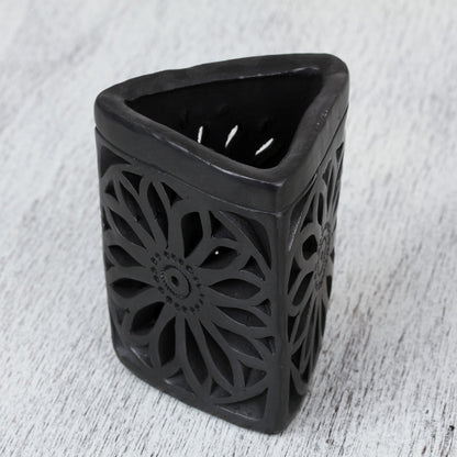 Oaxacan Dusk Oaxaca Barro Negro Triangular Floral Ceramic Pencil Holder