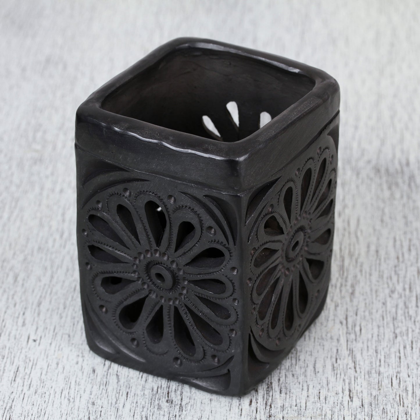 Oaxacan Flower Oaxaca Barro Negro Rectangular Floral Ceramic Pencil Holder