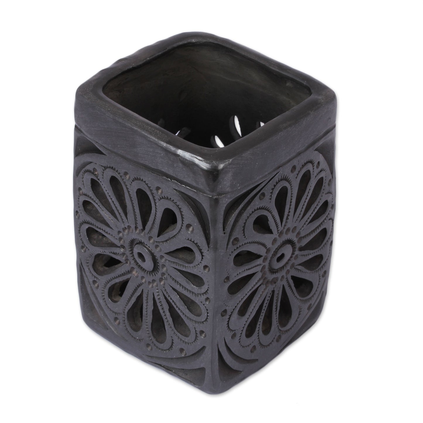 Oaxacan Flower Oaxaca Barro Negro Rectangular Floral Ceramic Pencil Holder