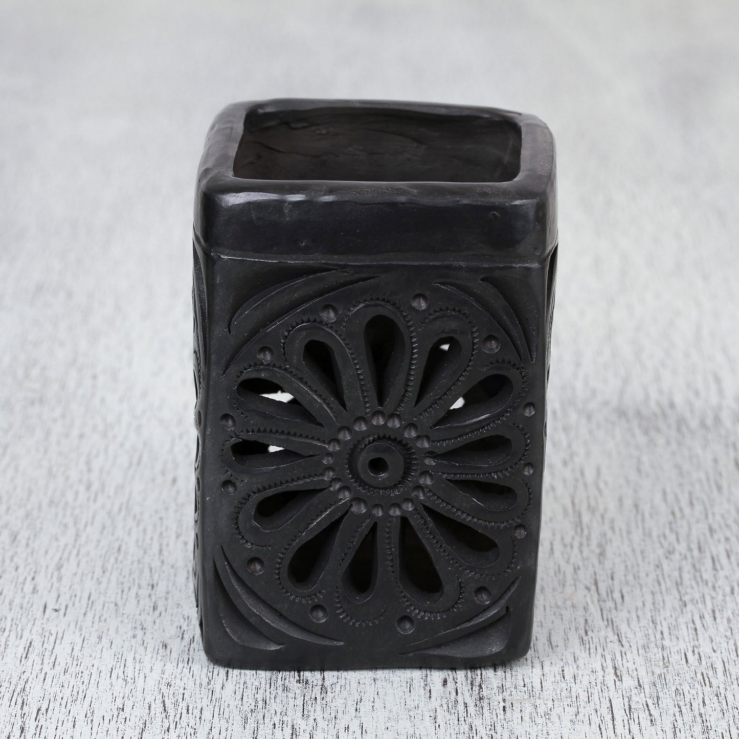 Oaxacan Flower Oaxaca Barro Negro Rectangular Floral Ceramic Pencil Holder