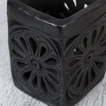 Oaxacan Flower Oaxaca Barro Negro Rectangular Floral Ceramic Pencil Holder