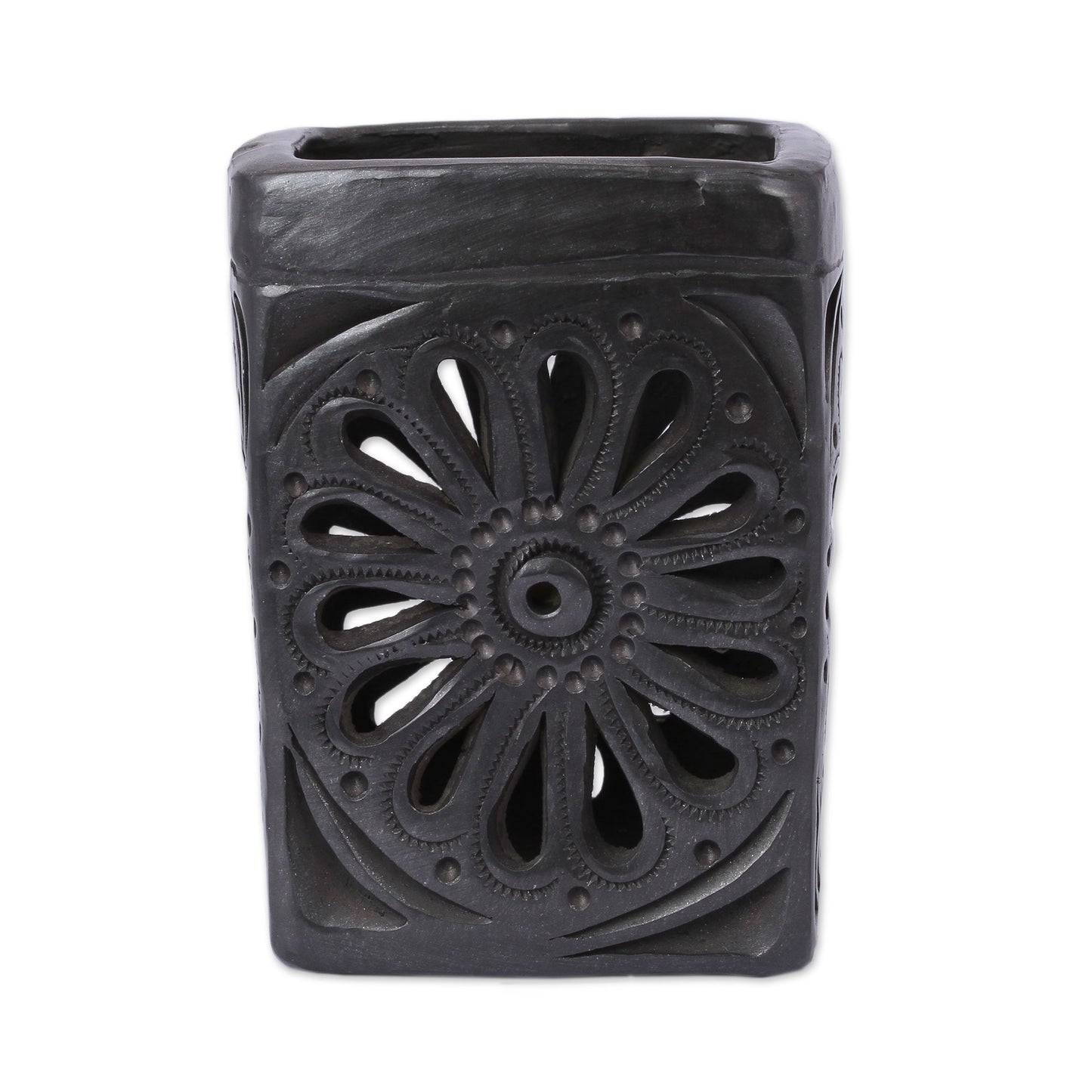 Oaxacan Flower Oaxaca Barro Negro Rectangular Floral Ceramic Pencil Holder