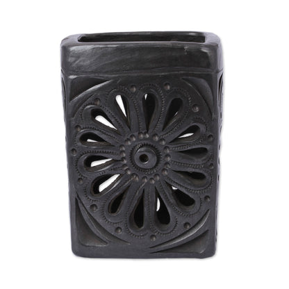 Oaxacan Flower Oaxaca Barro Negro Rectangular Floral Ceramic Pencil Holder