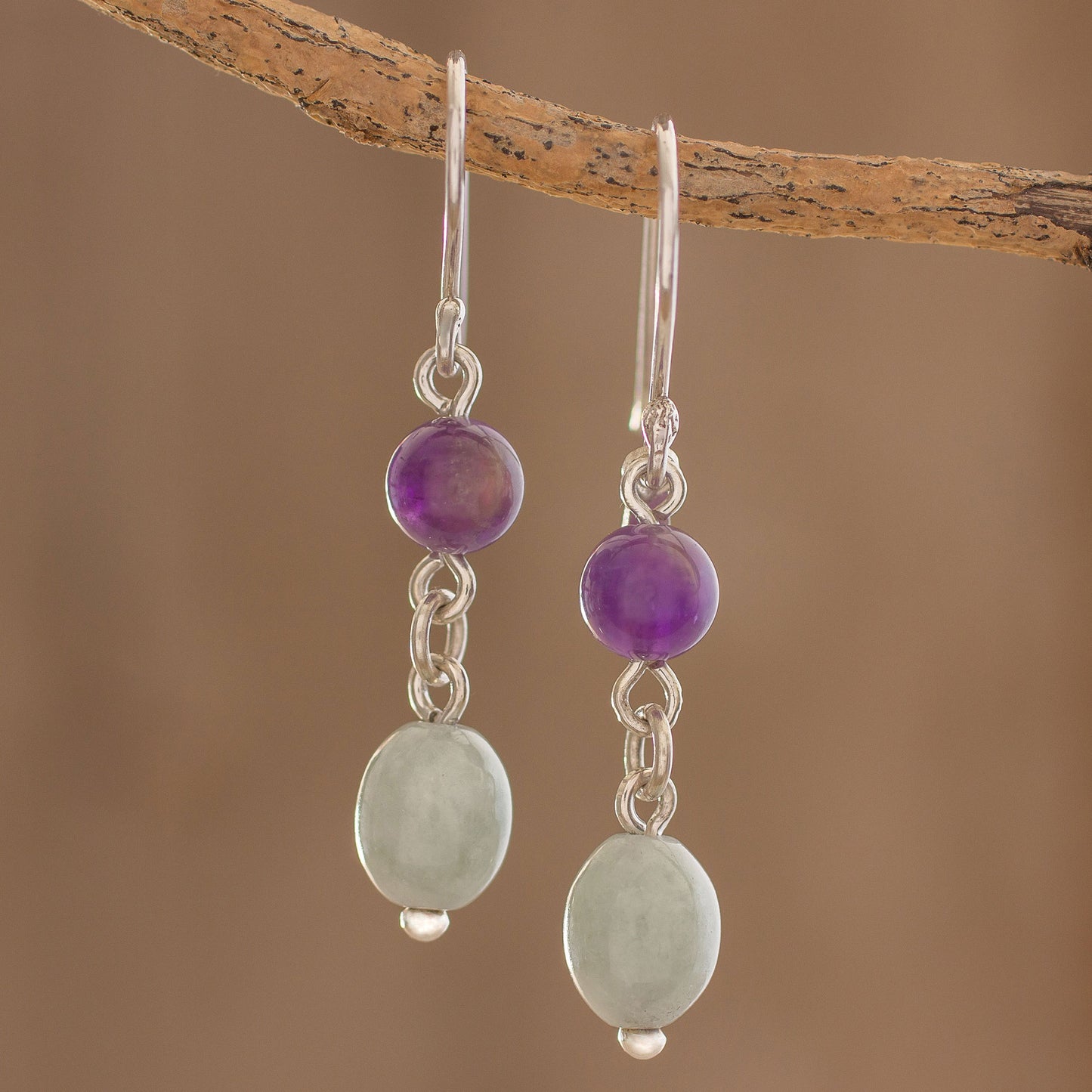 Verdant Jacaranda Jade and Amethyst Dangle Earrings from Guatemala