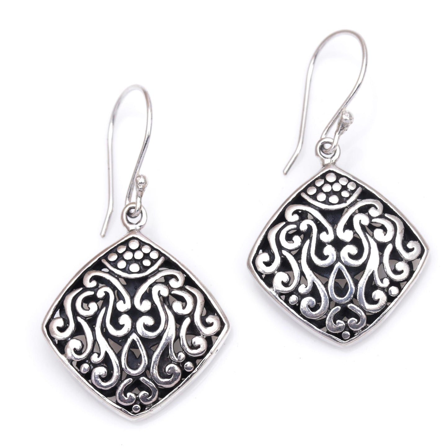 Paradise Window Sterling Silver Diamond-Shaped Scroll Work Dangle Earrings