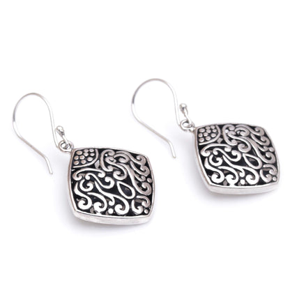 Paradise Window Sterling Silver Diamond-Shaped Scroll Work Dangle Earrings