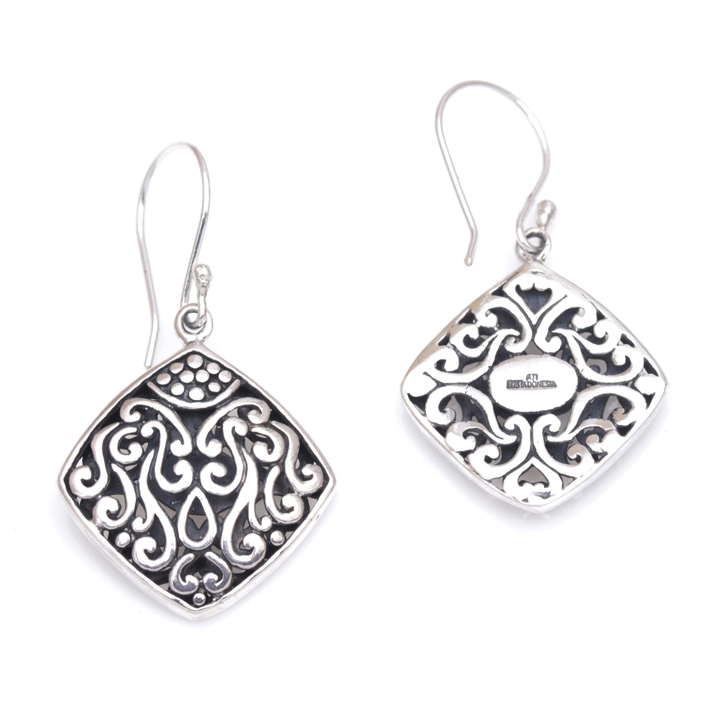 Paradise Window Sterling Silver Diamond-Shaped Scroll Work Dangle Earrings