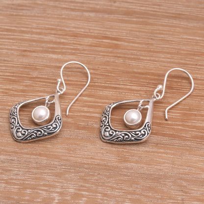 Elegant Reverie Cultured Pearl Sterling Silver Dangle Earrings from Bali