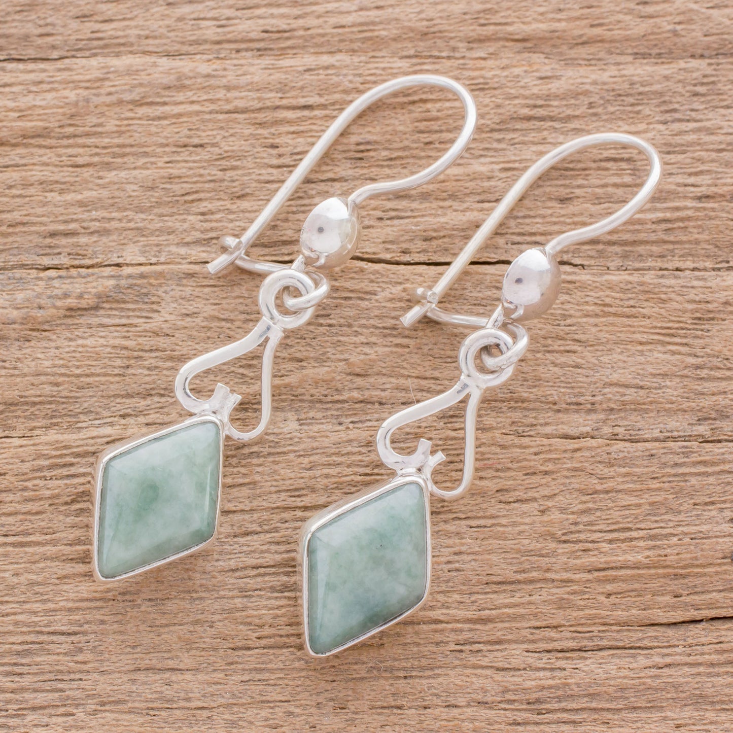 Marvelous Apple Green Diamonds Diamond-Shaped Apple Green Jade Earrings from Guatemala