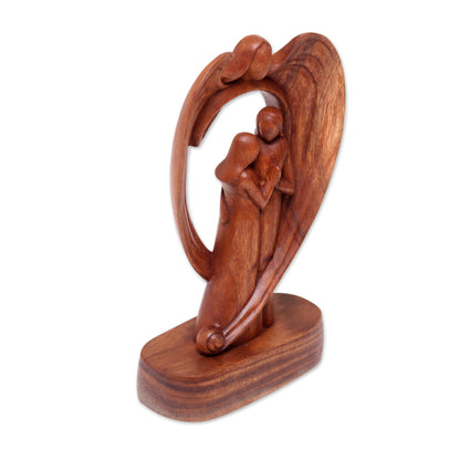 Angelic Presence Hand-Carved Guardian Angel and Couple Suar Wood Sculpture