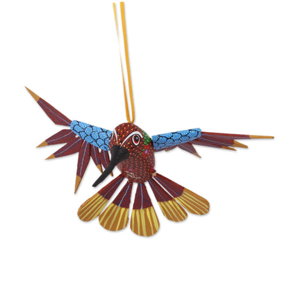 Fanciful Flutter in Red Copal Wood Red Multicolor Alebrije Hummingbird Ornament