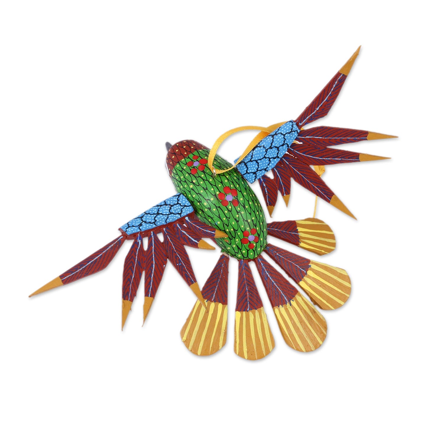 Fanciful Flutter in Red Copal Wood Red Multicolor Alebrije Hummingbird Ornament