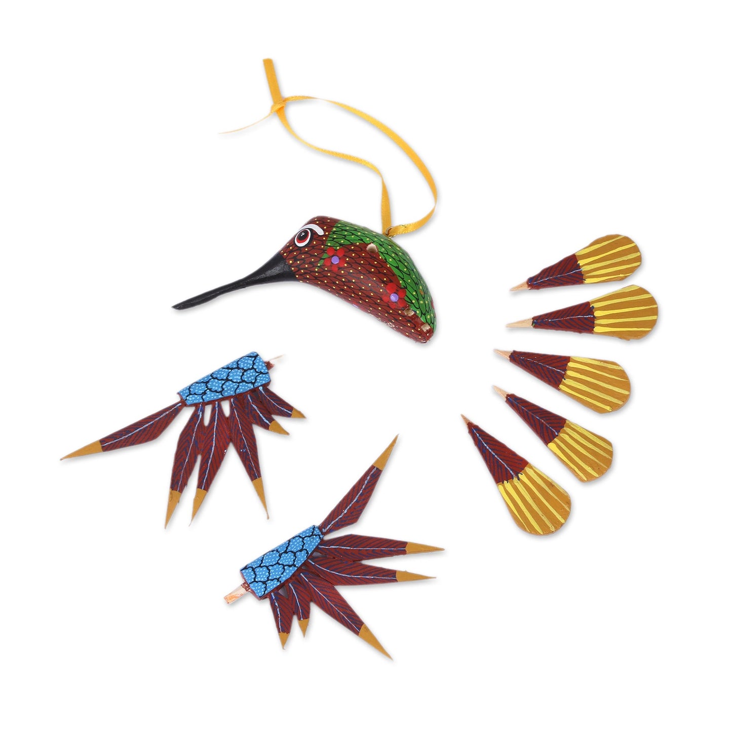 Fanciful Flutter in Red Copal Wood Red Multicolor Alebrije Hummingbird Ornament