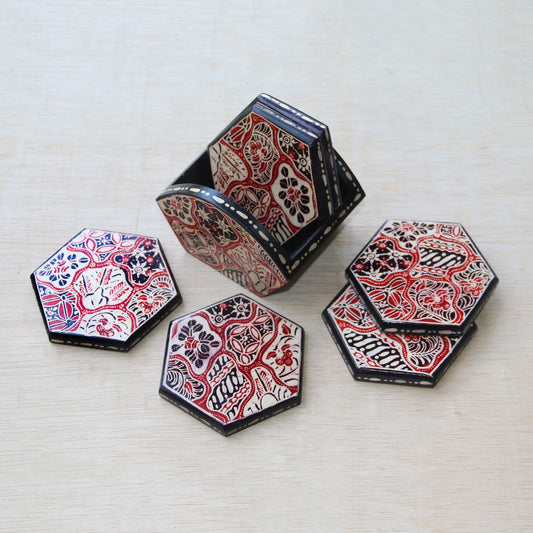 Sekarjagad Red and Black Floral Batik Set of Six Wadang Wood Coasters