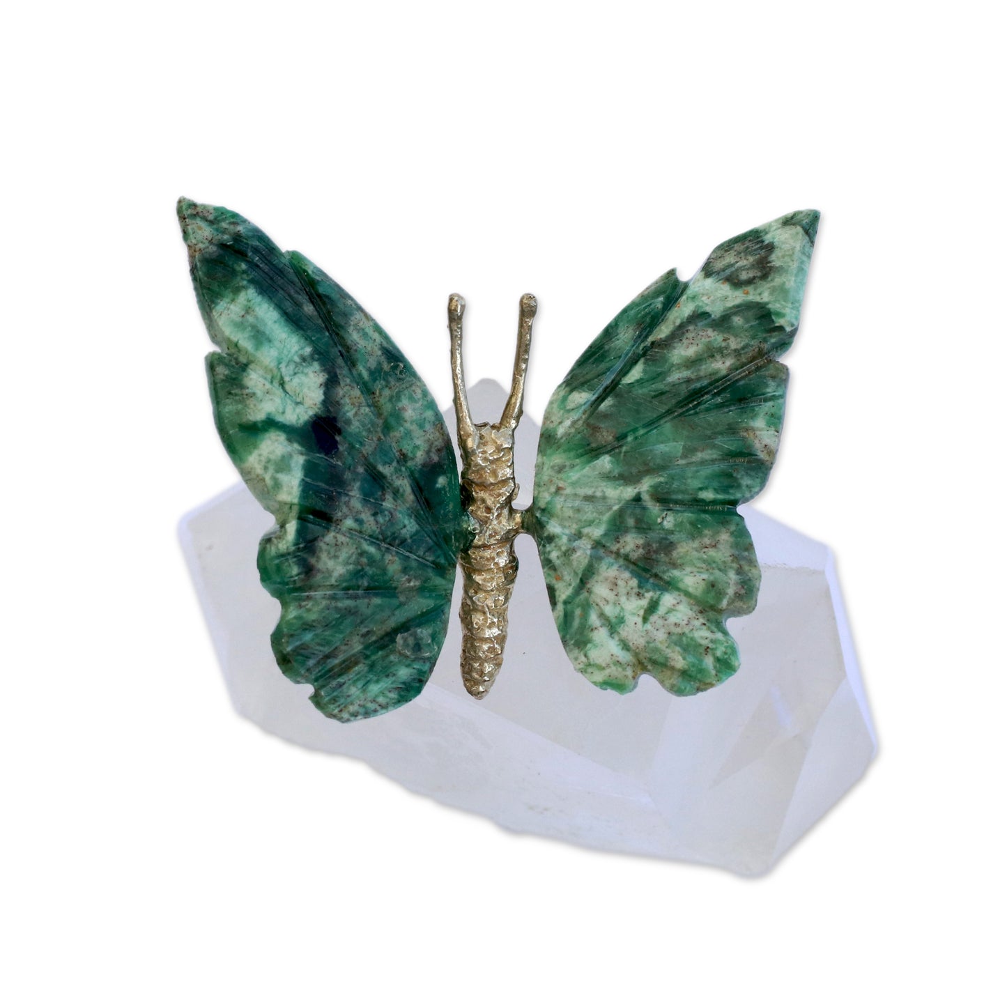 Gentle Repose Serpentinite Butterfly Figurine on Quartz Mountain Peak Base