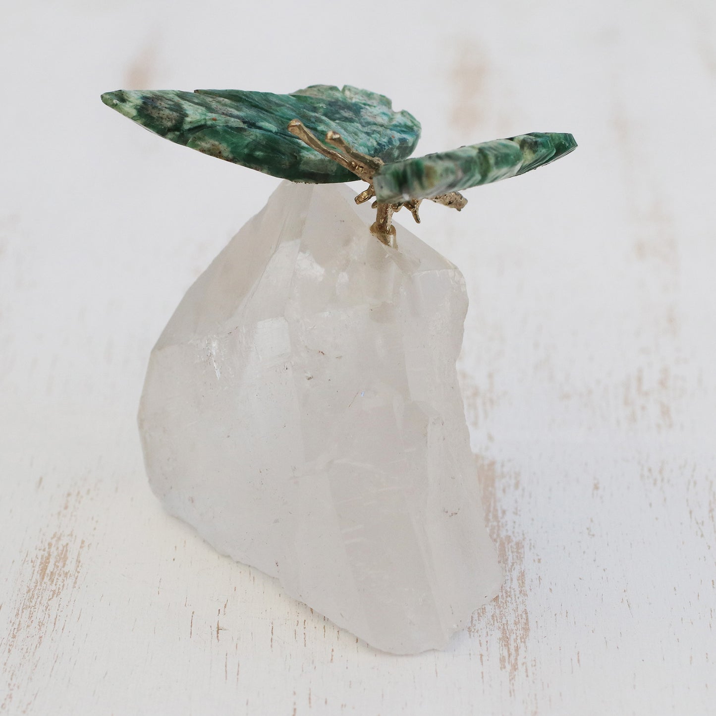 Gentle Repose Serpentinite Butterfly Figurine on Quartz Mountain Peak Base