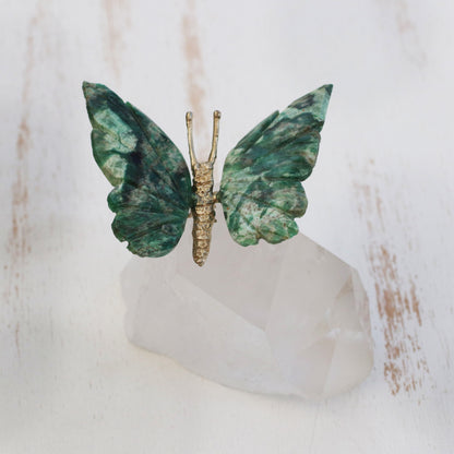 Gentle Repose Serpentinite Butterfly Figurine on Quartz Mountain Peak Base