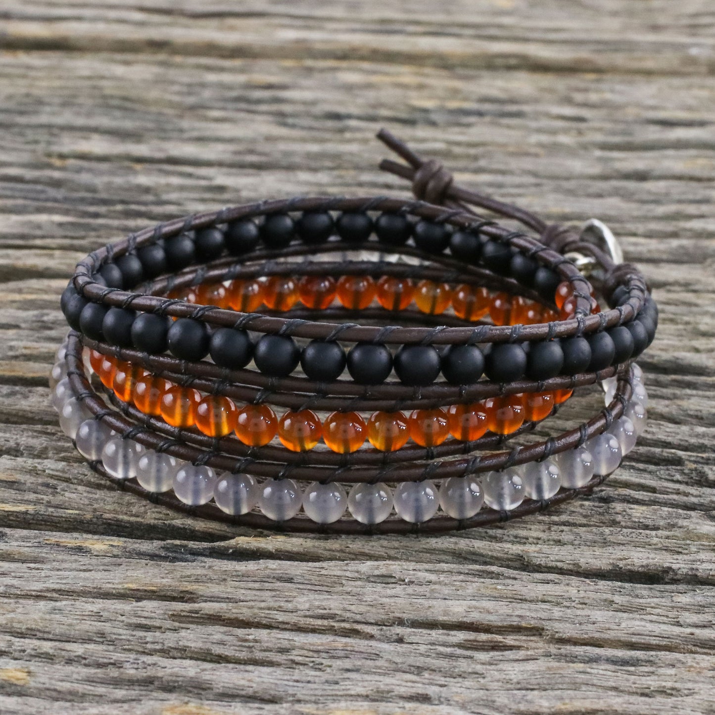 Sunset Wanderlust Unisex Leather and Multi-Gemstone Beaded Wrap Bracelet