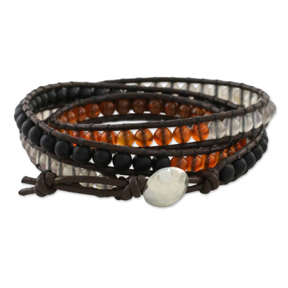 Sunset Wanderlust Unisex Leather and Multi-Gemstone Beaded Wrap Bracelet