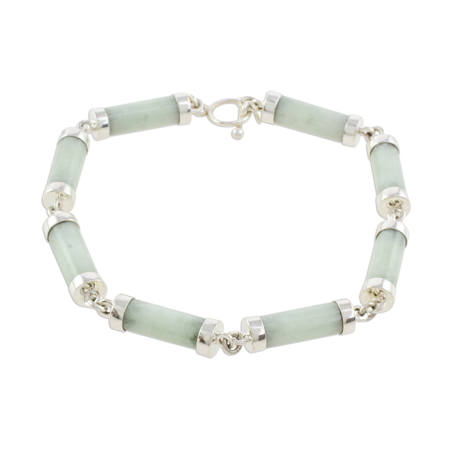 Calm Beauty Light Jade Cylinders Sterling Silver Link Wristband Bracelet