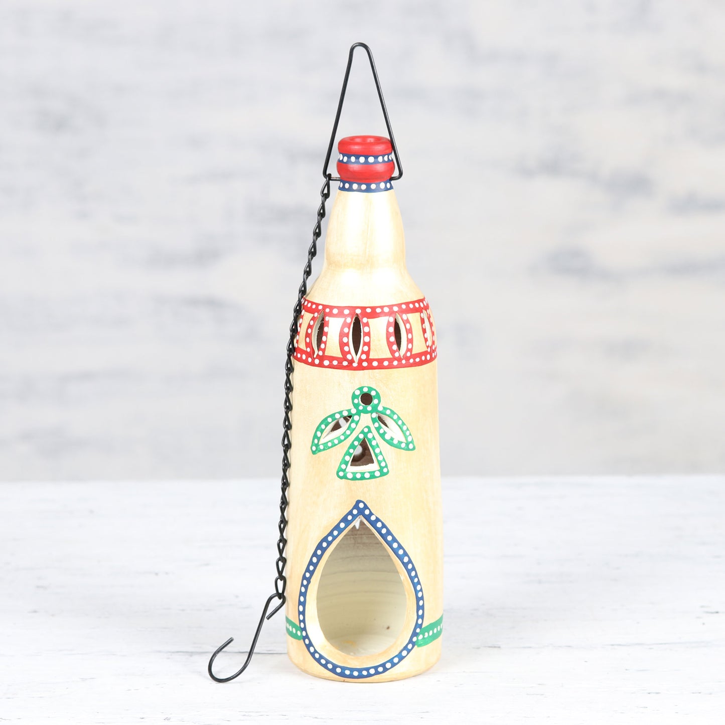 Flower Bottle in Beige Ceramic Hanging Tealight Holder in Beige from India