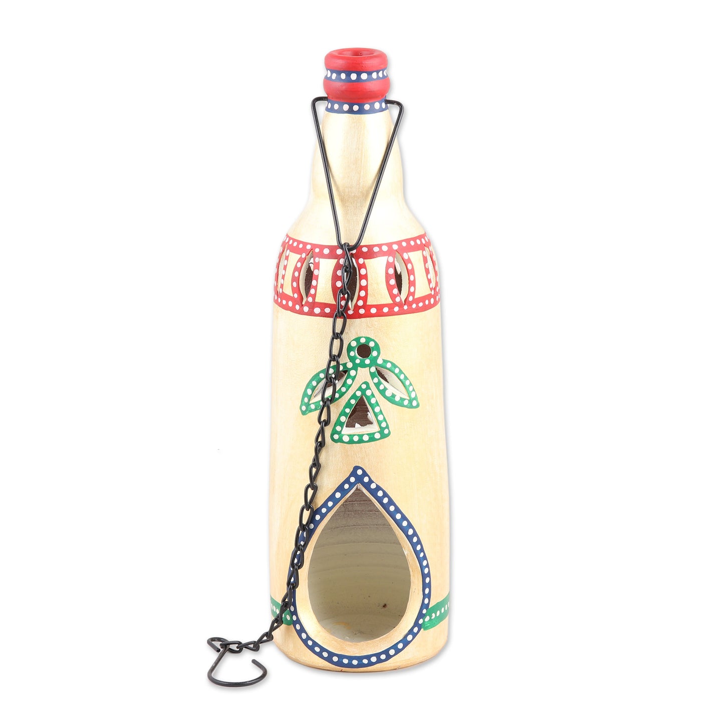 Flower Bottle in Beige Ceramic Hanging Tealight Holder in Beige from India