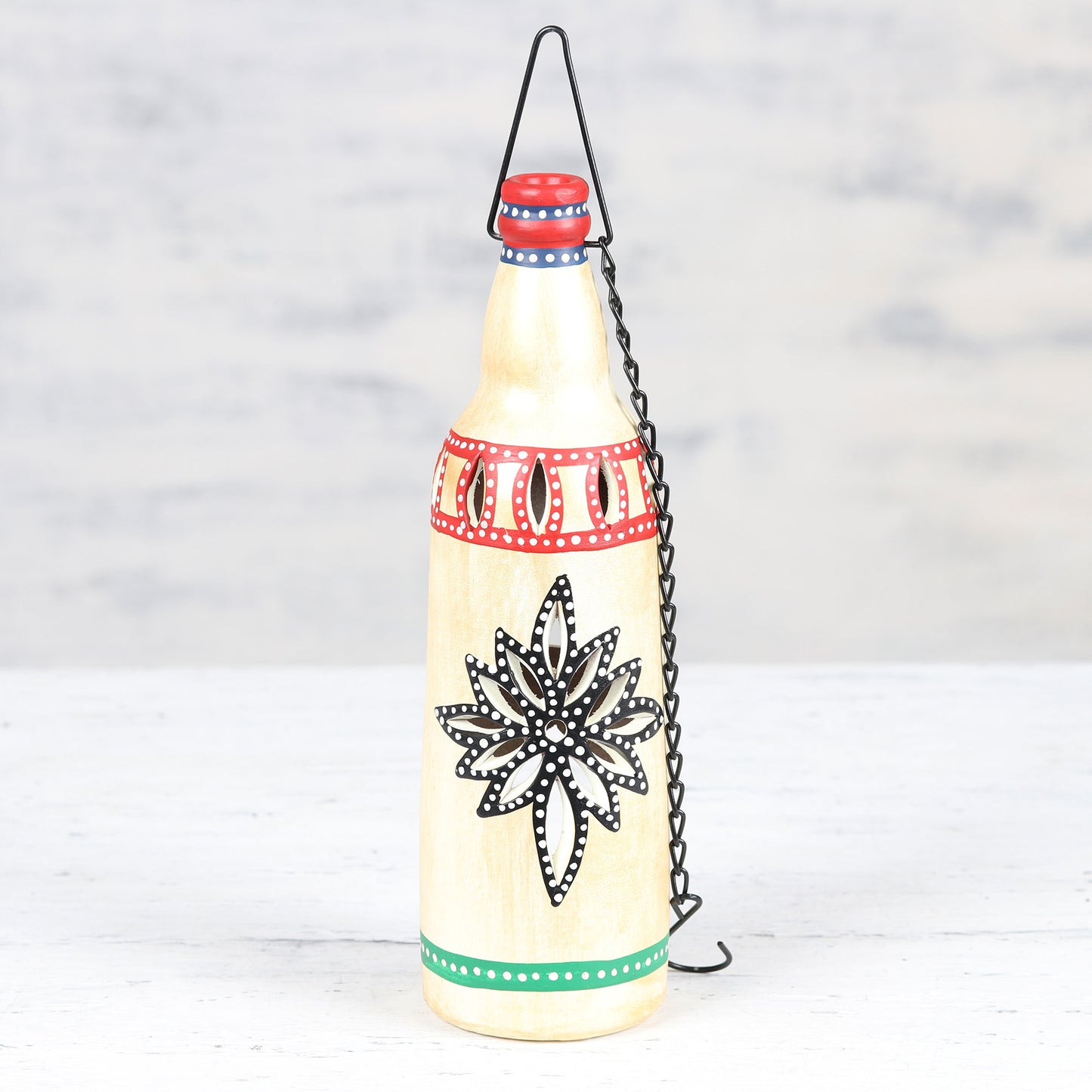 Flower Bottle in Beige Ceramic Hanging Tealight Holder in Beige from India