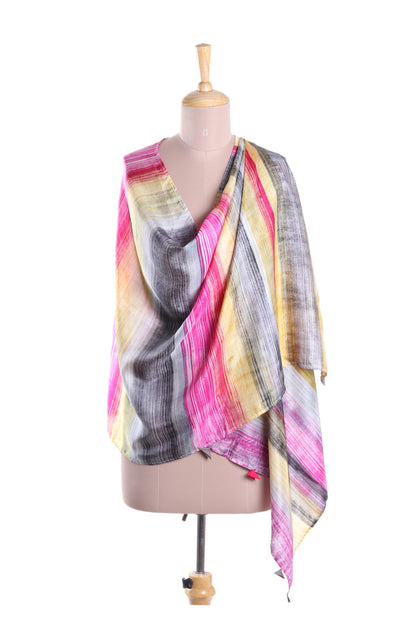 Dramatic Day Fuchsia and Multi-Color Striped Hand Printed 100% Silk Shawl