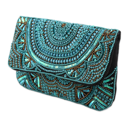 Turquoise Glamour Turquoise Beaded and Sequined Silk Evening Clutch from India