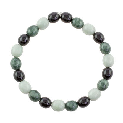 Light and Shade Black Green and Pale Natural Jade Beaded Stretch Bracelet