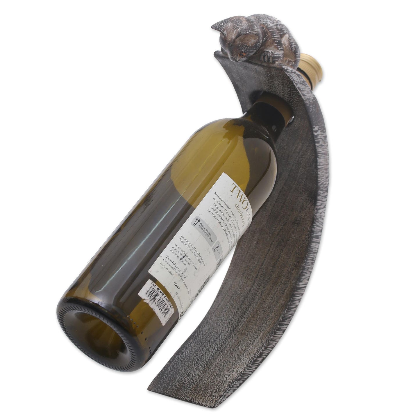 Peeking Kitten Handcrafted Suar Wood Cat Bottle Holder in Black and White