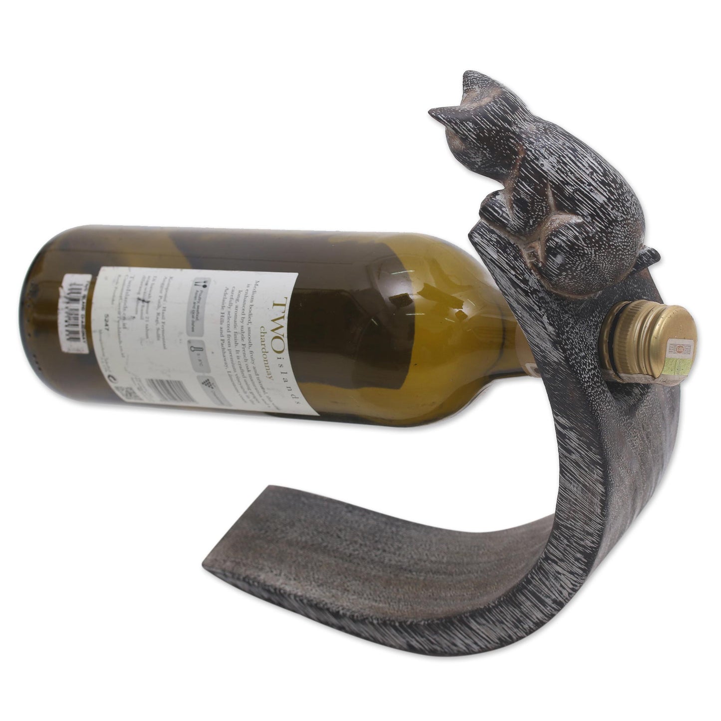 Peeking Kitten Handcrafted Suar Wood Cat Bottle Holder in Black and White