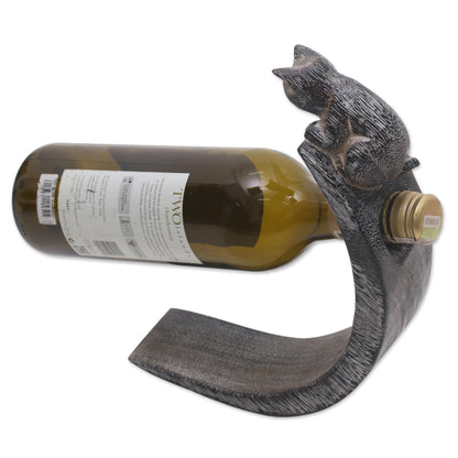 Peeking Kitten Handcrafted Suar Wood Cat Bottle Holder in Black and White