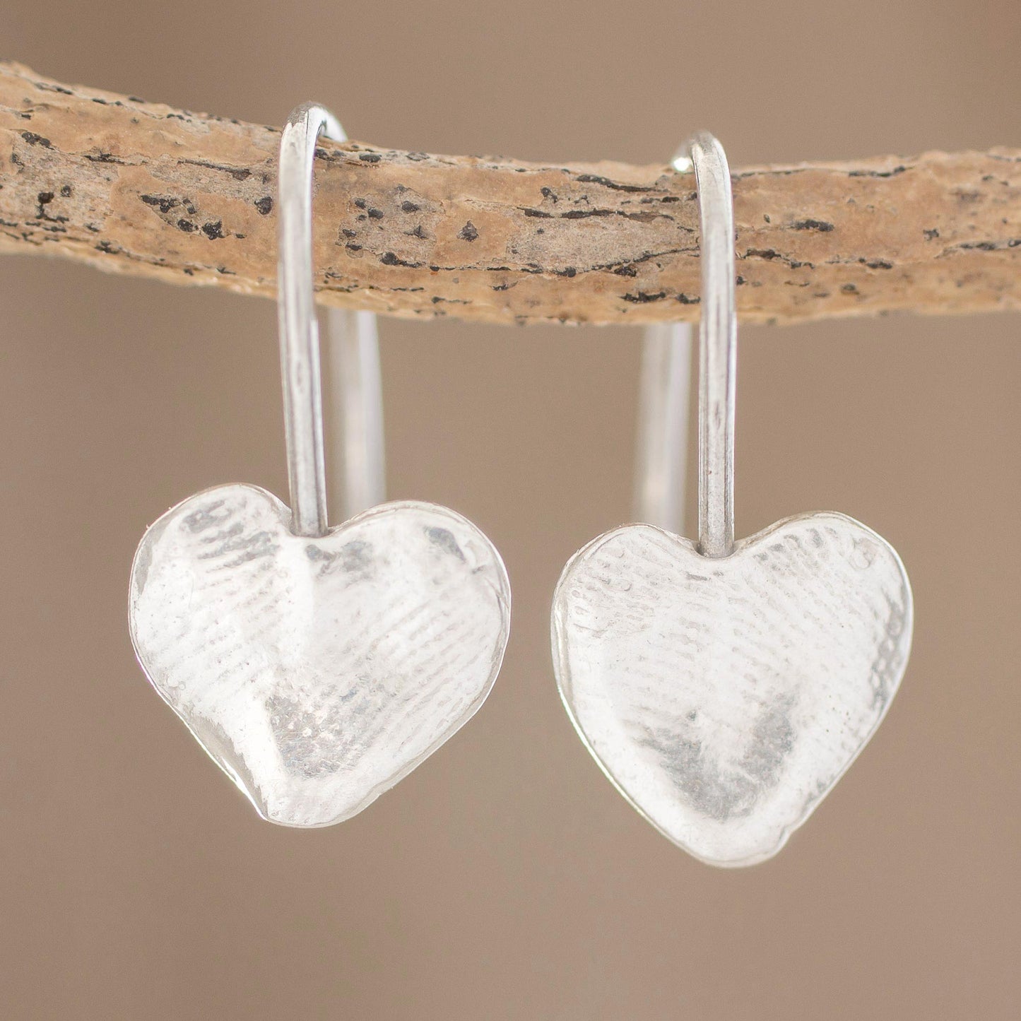 Fingerprint Hearts Heart-Shaped Fine Silver Drop Earrings from Guatemala