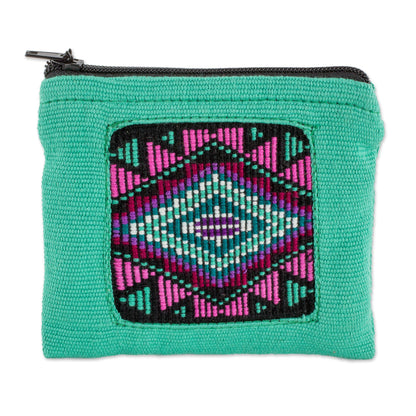 Turquoise Festival Handwoven Cotton Coin Purse in Turquoise from Guatemala