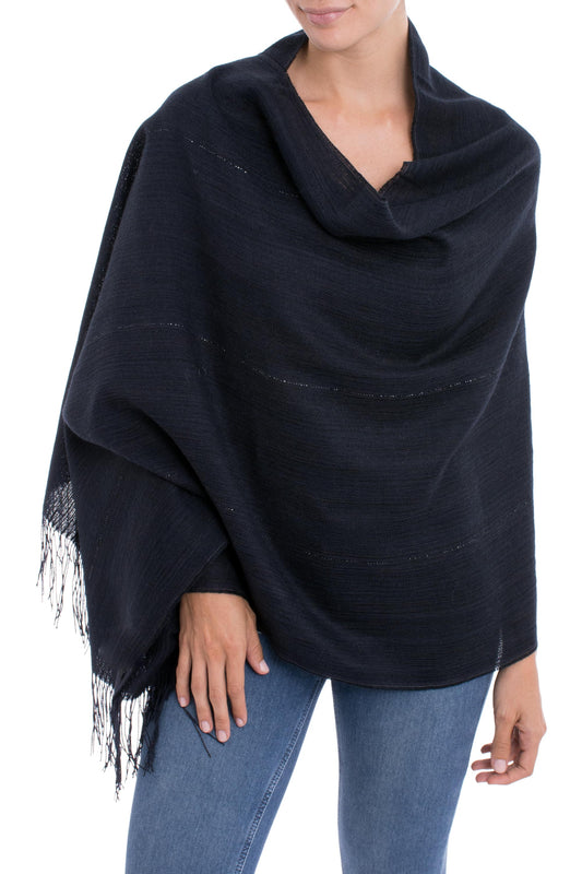 Deep Sky Midnight Blue 100% Alpaca Woven Fringed Shawl from Peru