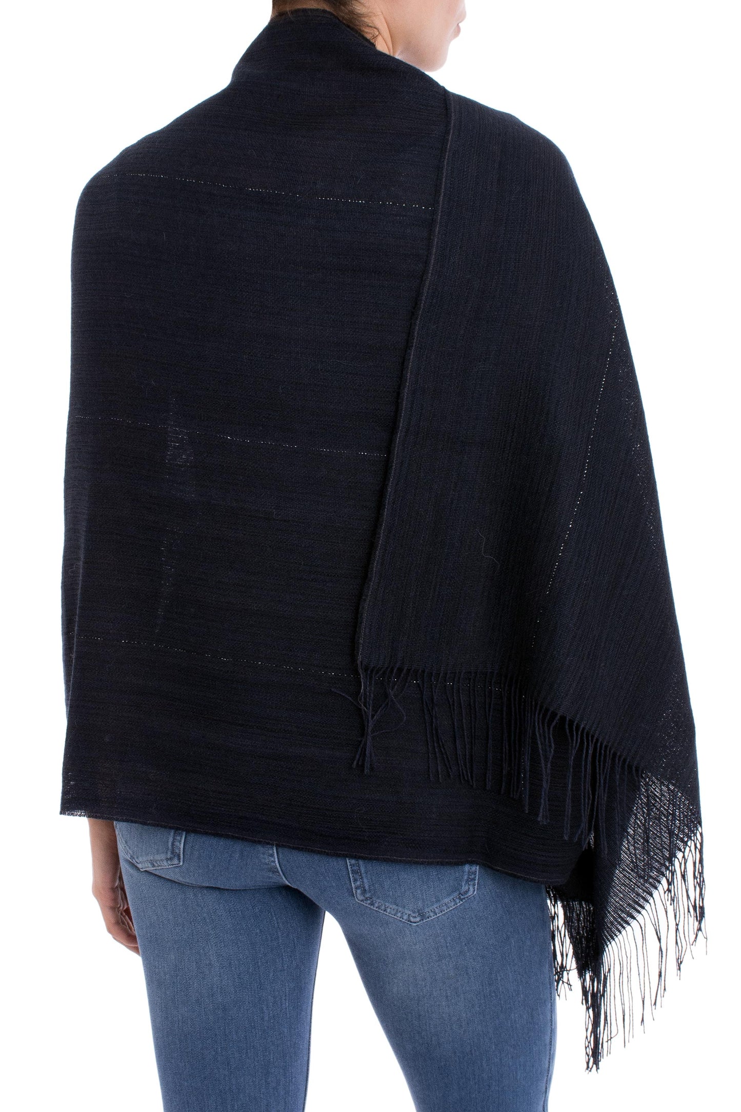 Deep Sky Midnight Blue 100% Alpaca Woven Fringed Shawl from Peru